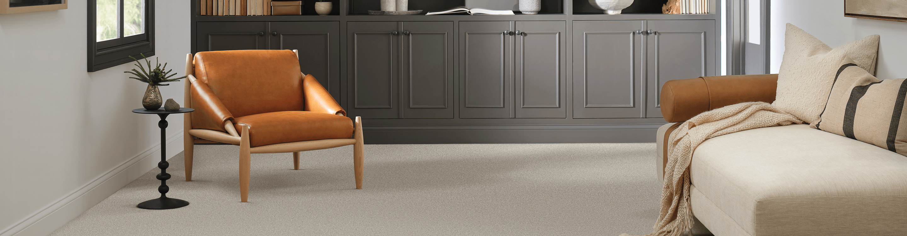 PET carpet Eco-Friendly flooring in living room with gray bookshelf room scene